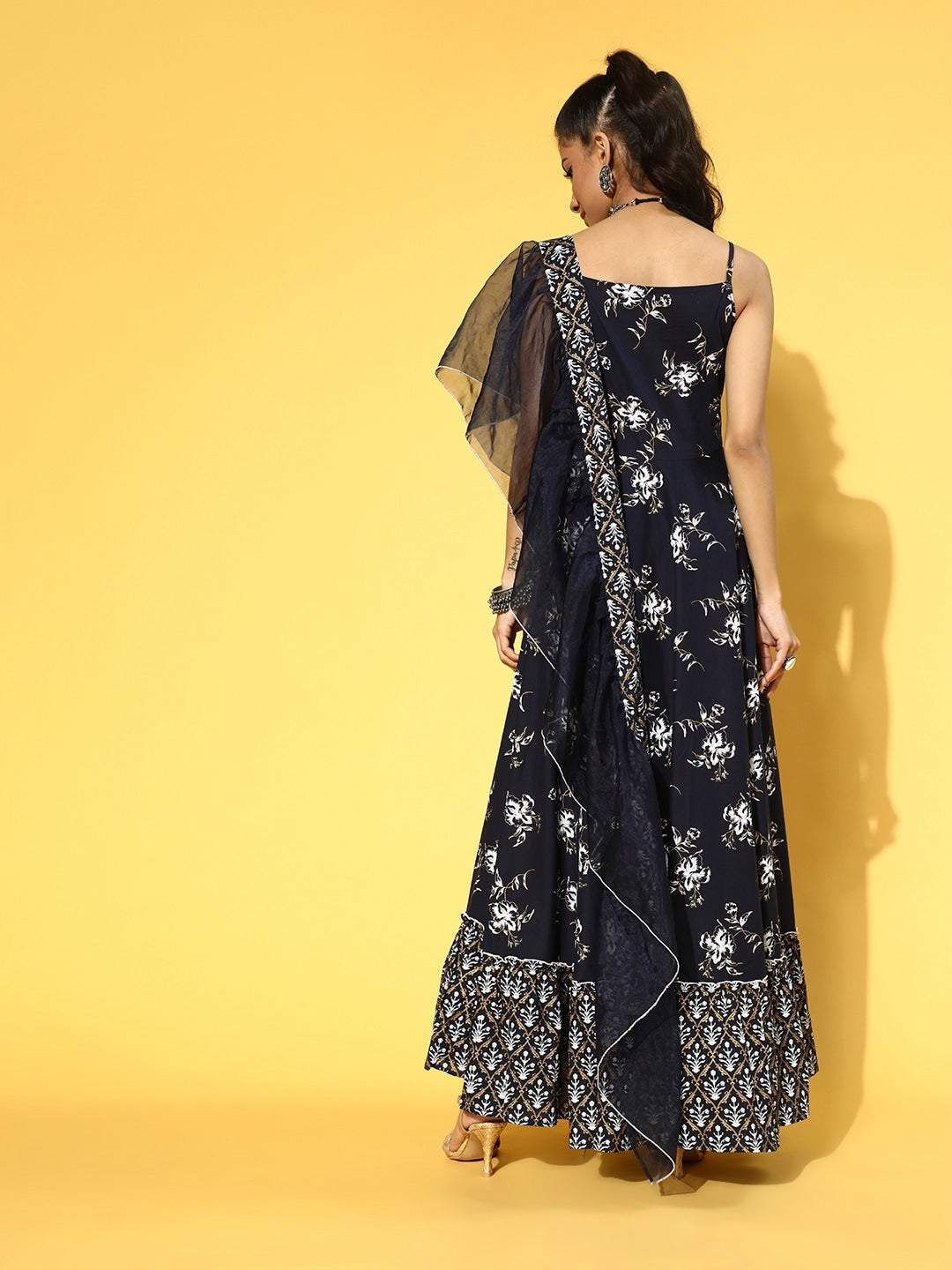 Navy Blue & White Printed Dress Dupatta-Yufta Store-9605DRSBLXS