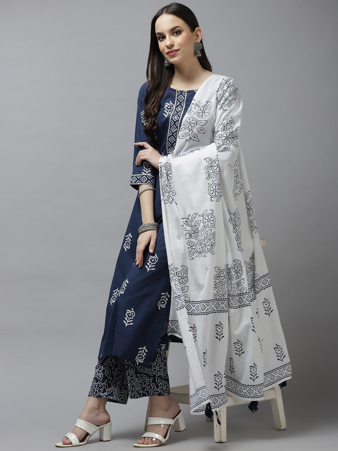 Navy Blue & White Printed Dupatta Set