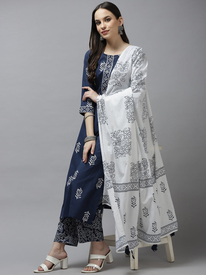 Navy Blue & White Printed Dupatta Set-Yufta Store-9398SKDBLS