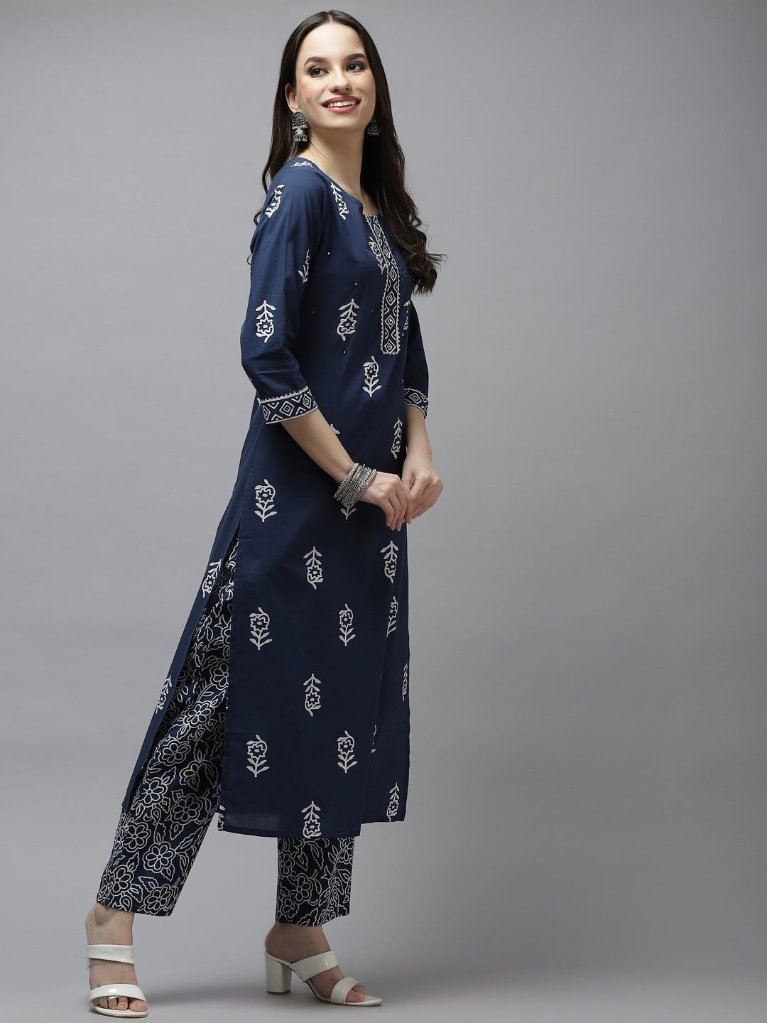 Navy Blue & White Printed Dupatta Set