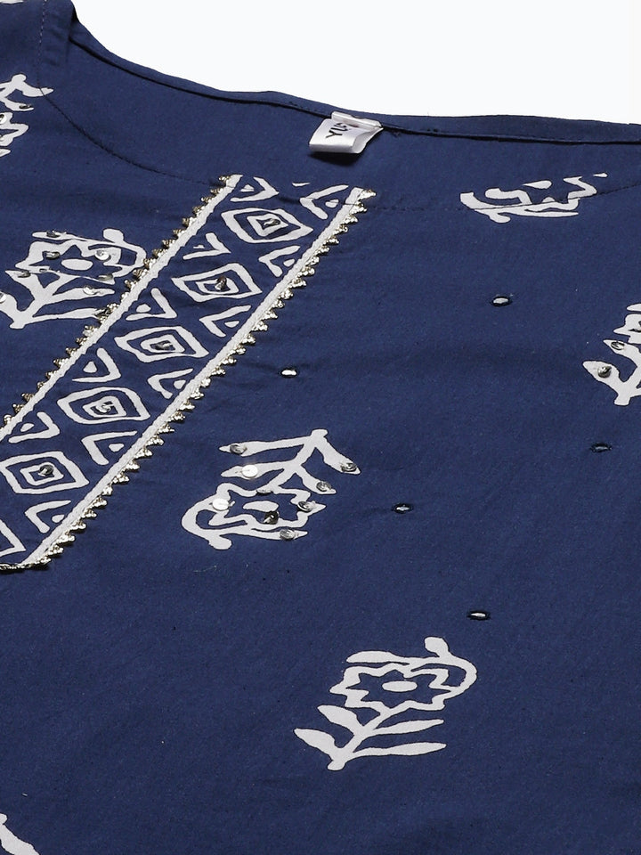 Navy Blue & White Printed Dupatta Set