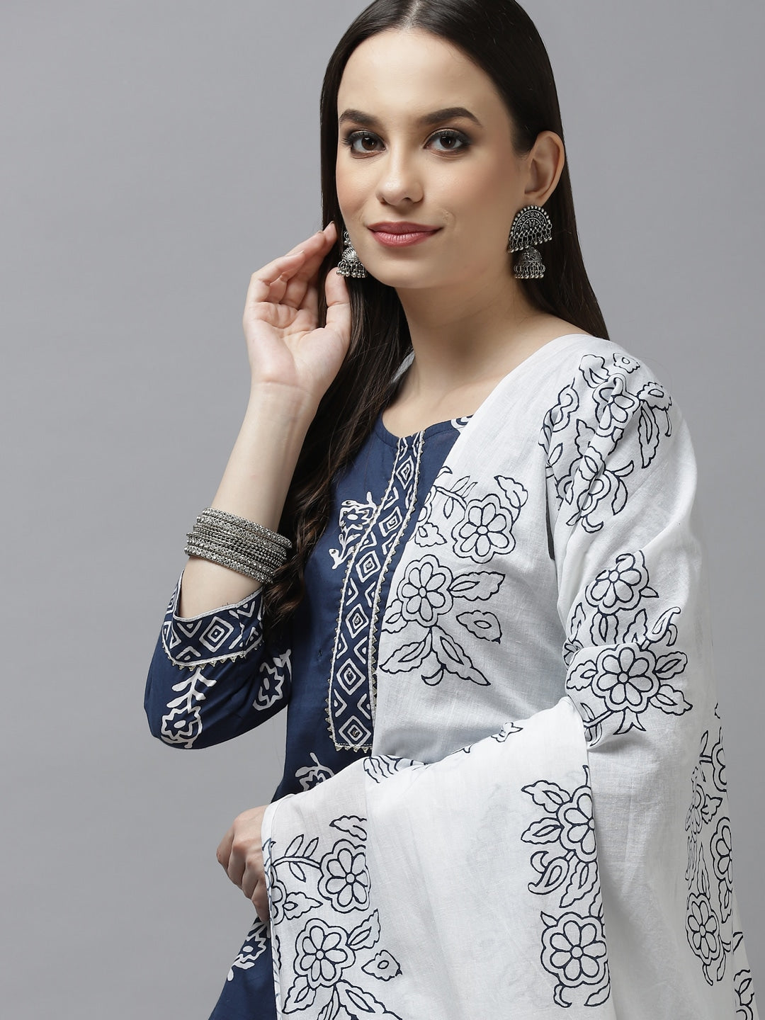 Navy Blue & White Printed Dupatta Set-Yufta Store-9398SKDBLS