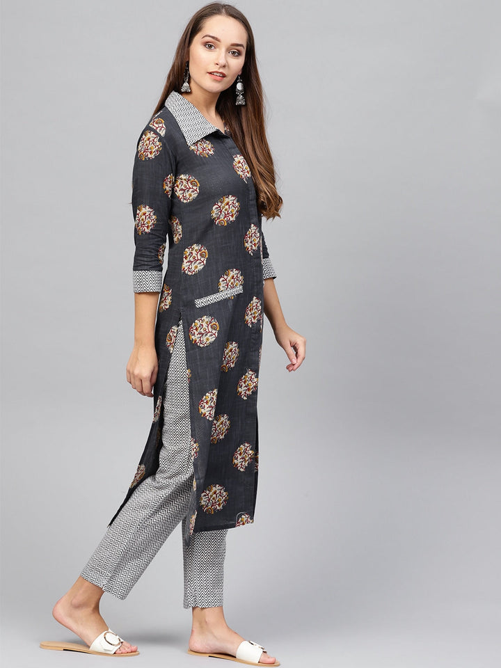 Navy Blue & White Printed Kurta-Yufta Store-1637SETBLS