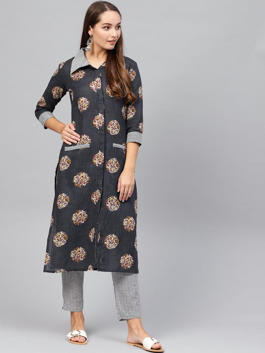 Navy Blue & White Printed Kurta-Yufta Store-1637SETBLS