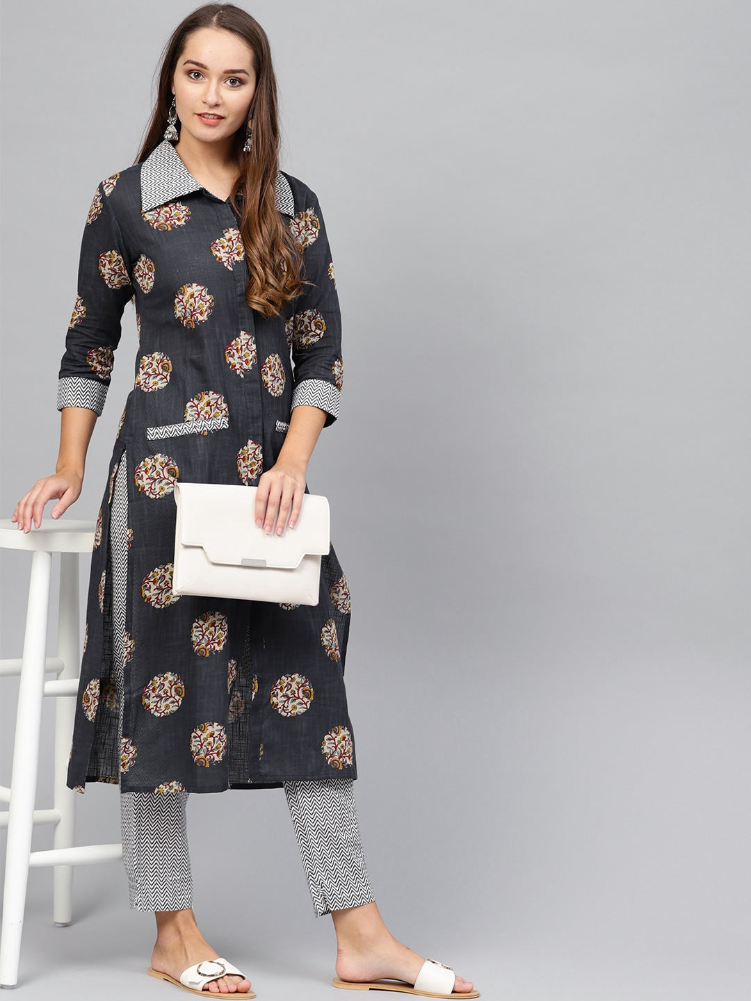 Navy Blue & White Printed Kurta-Yufta Store-1637SETBLS