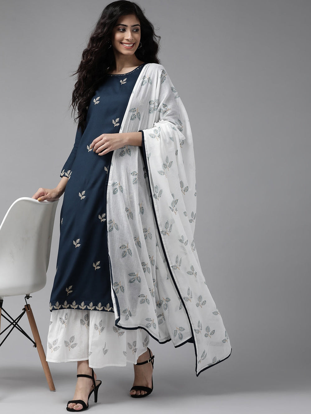 Navy Blue and White Embroidered Dupatta Set