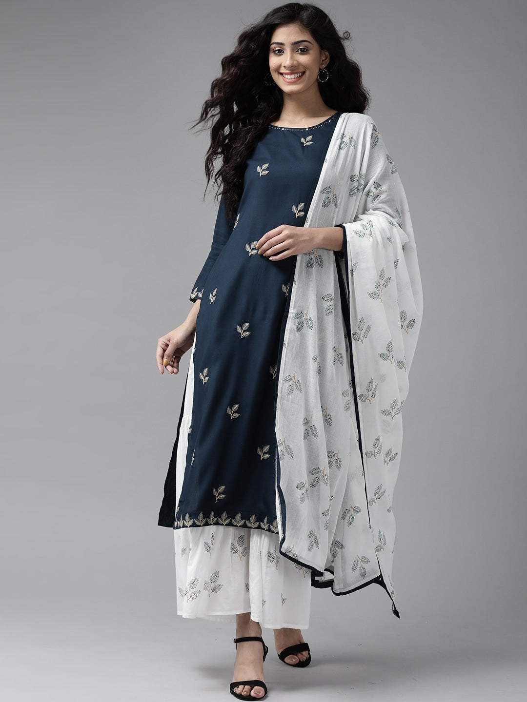 Navy Blue and White Embroidered Dupatta Set