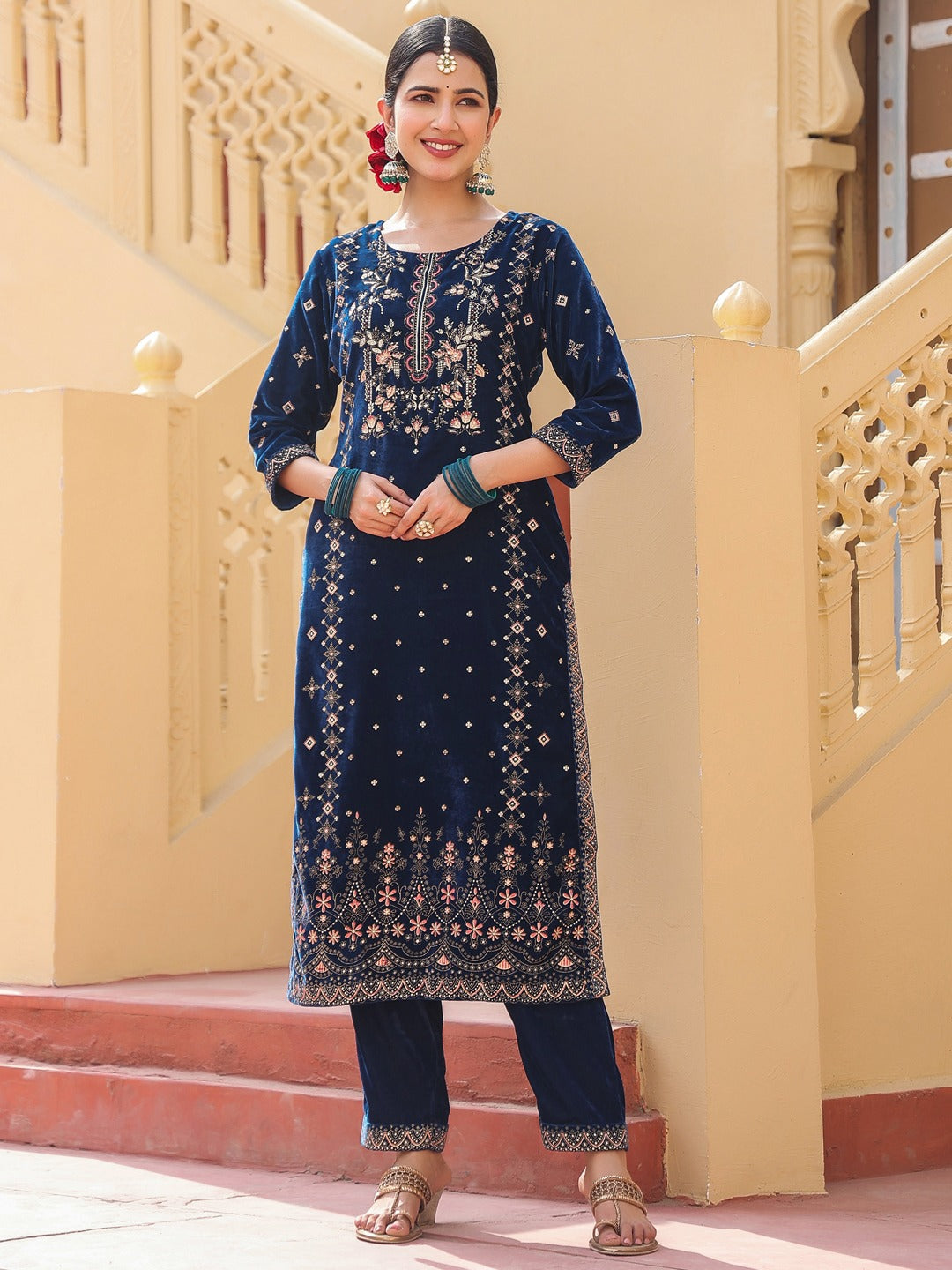 Navy Blue velvet kurta dupatta set