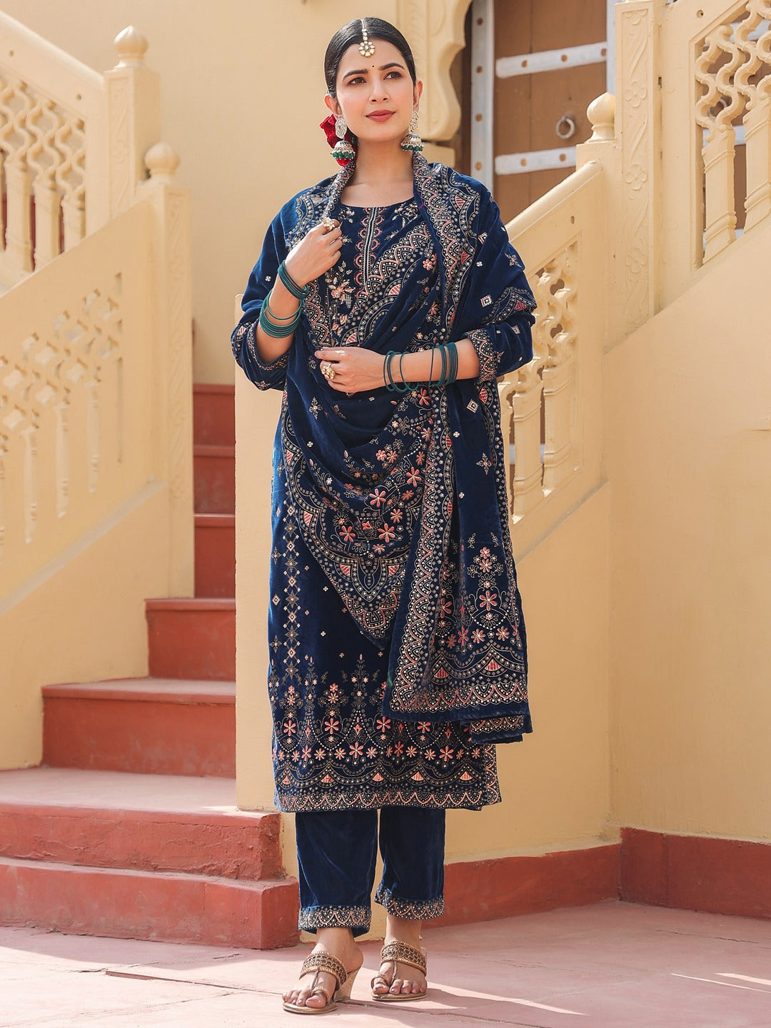 Navy Blue velvet kurta dupatta set-Yufta Store-1678SKDNBS