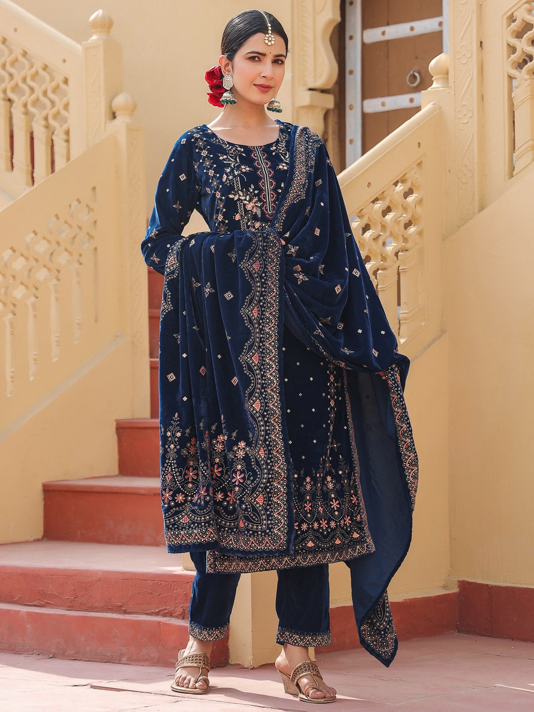 Navy Blue velvet kurta dupatta set