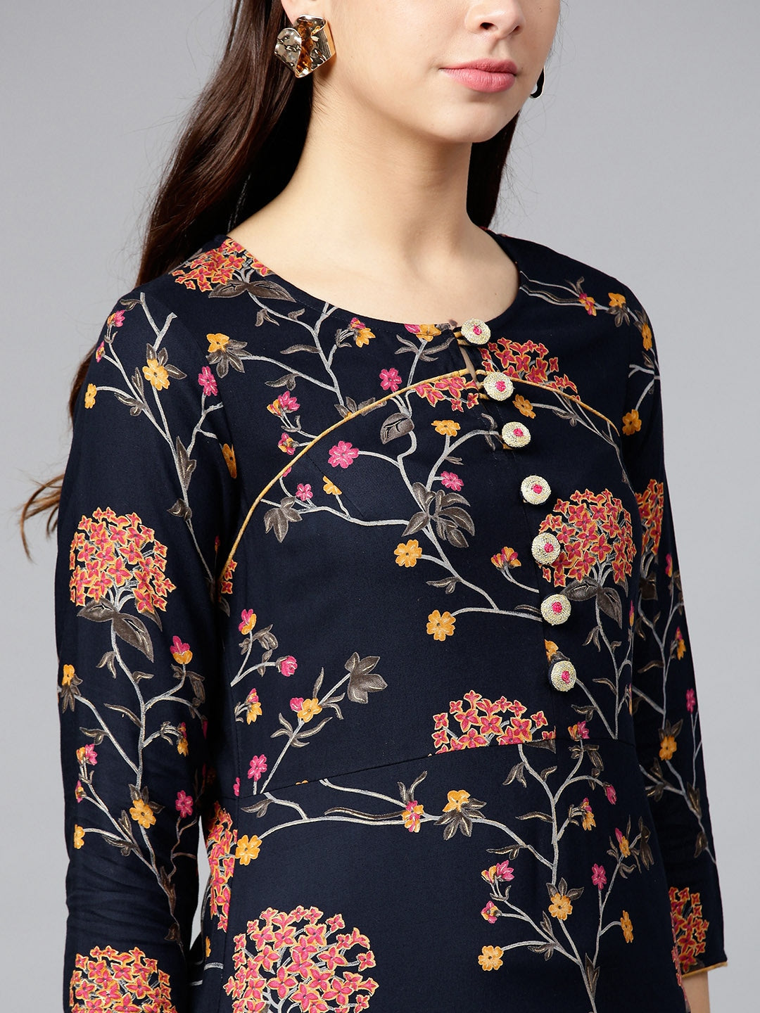 Navy & Pink Printed Kurta-Yufta Store-YUFNKU2023S