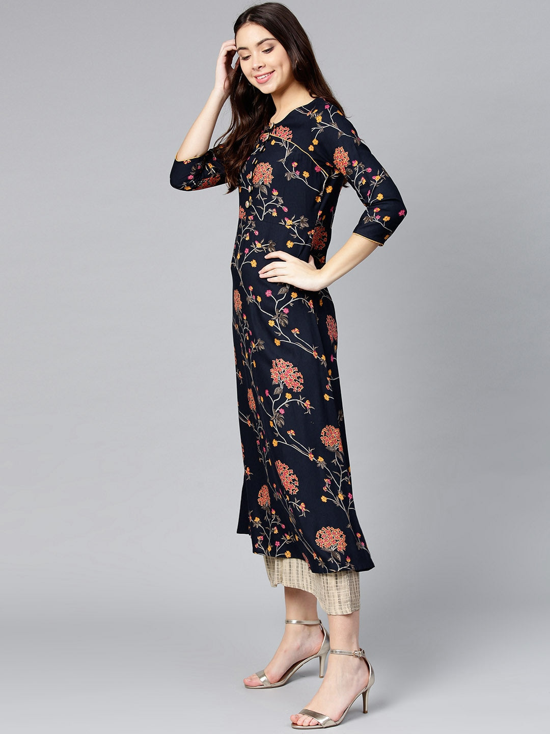 Navy & Pink Printed Kurta-Yufta Store-YUFNKU2023S