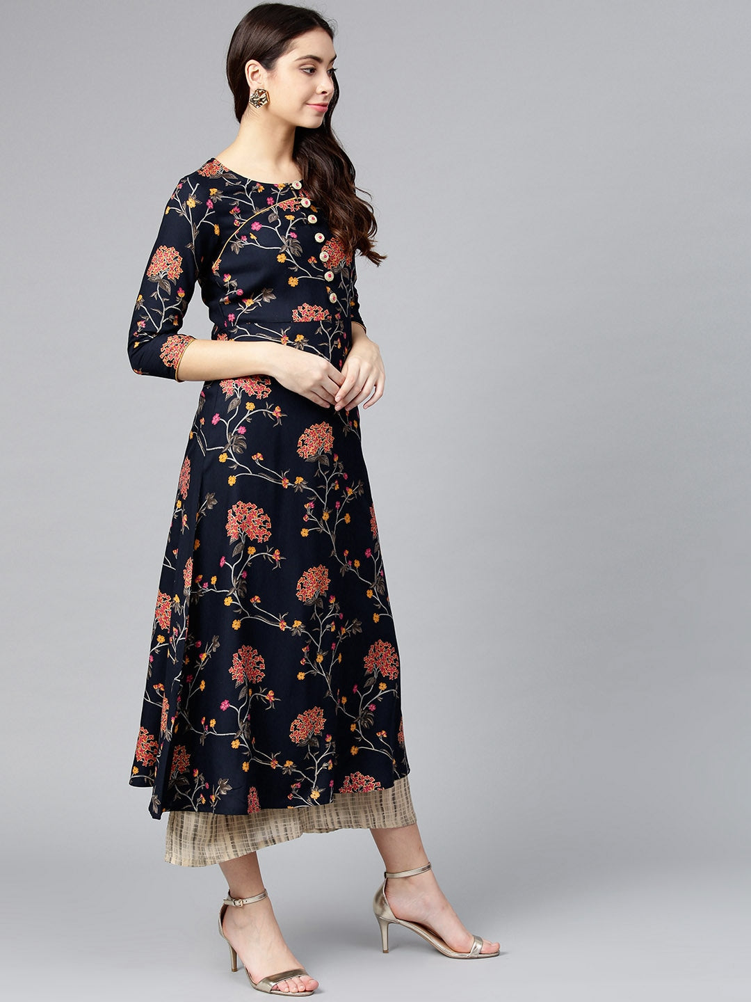 Navy & Pink Printed Kurta-Yufta Store-YUFNKU2023S