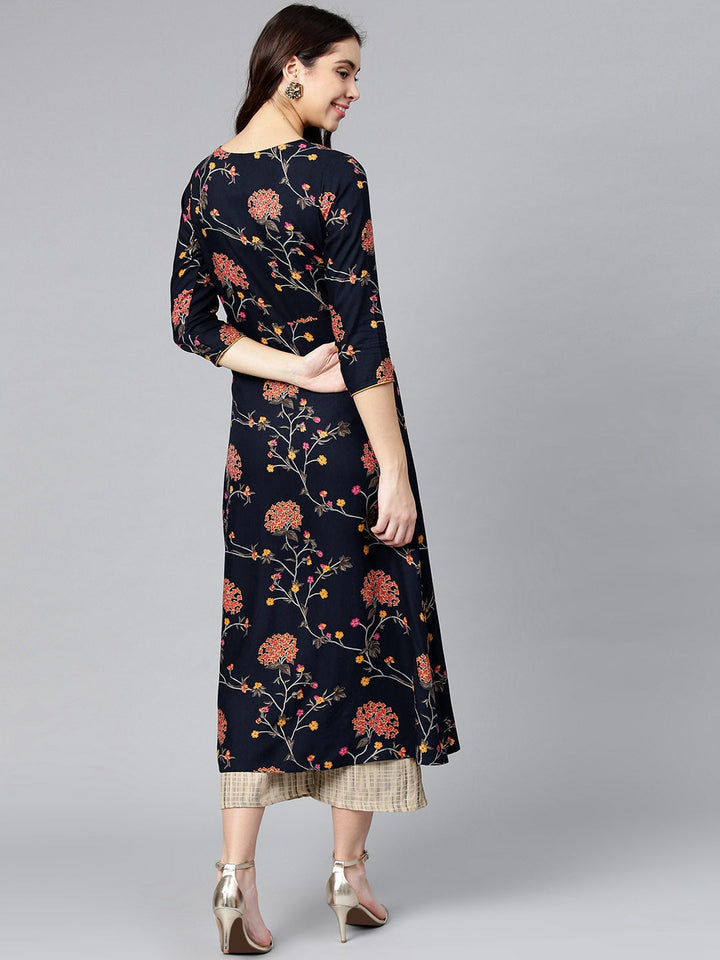 Navy & Pink Printed Kurta-Yufta Store-YUFNKU2023S