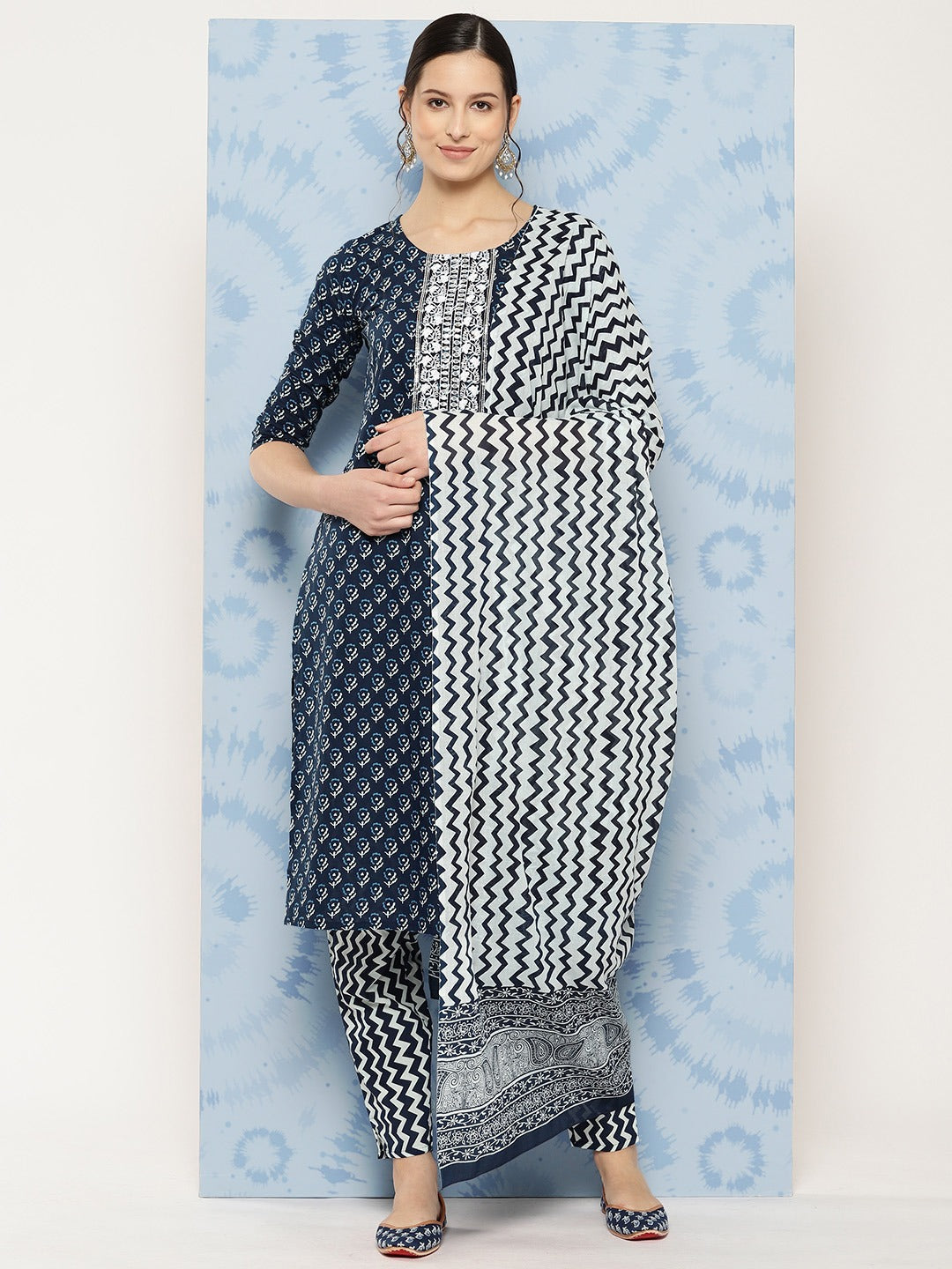 Navy blue Ethnic Motifs Embroidered Detail Printed Pure Cotton Kurta Set With Dupatta-Yufta Store-1309SKDNBS