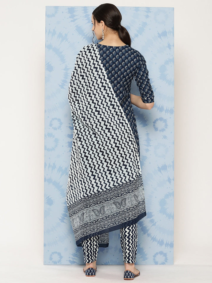 Navy blue Ethnic Motifs Embroidered Detail Printed Pure Cotton Kurta Set With Dupatta-Yufta Store-1309SKDNBS