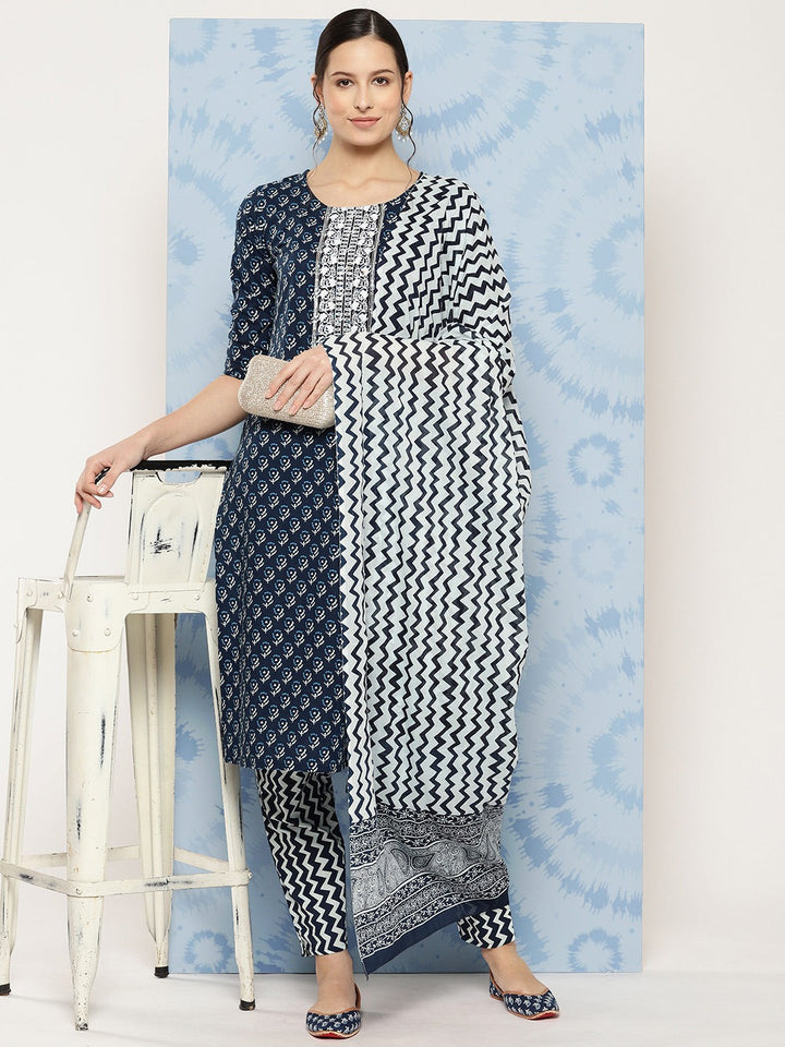 Navy blue Ethnic Motifs Embroidered Detail Printed Pure Cotton Kurta Set With Dupatta-Yufta Store-1309SKDNBS