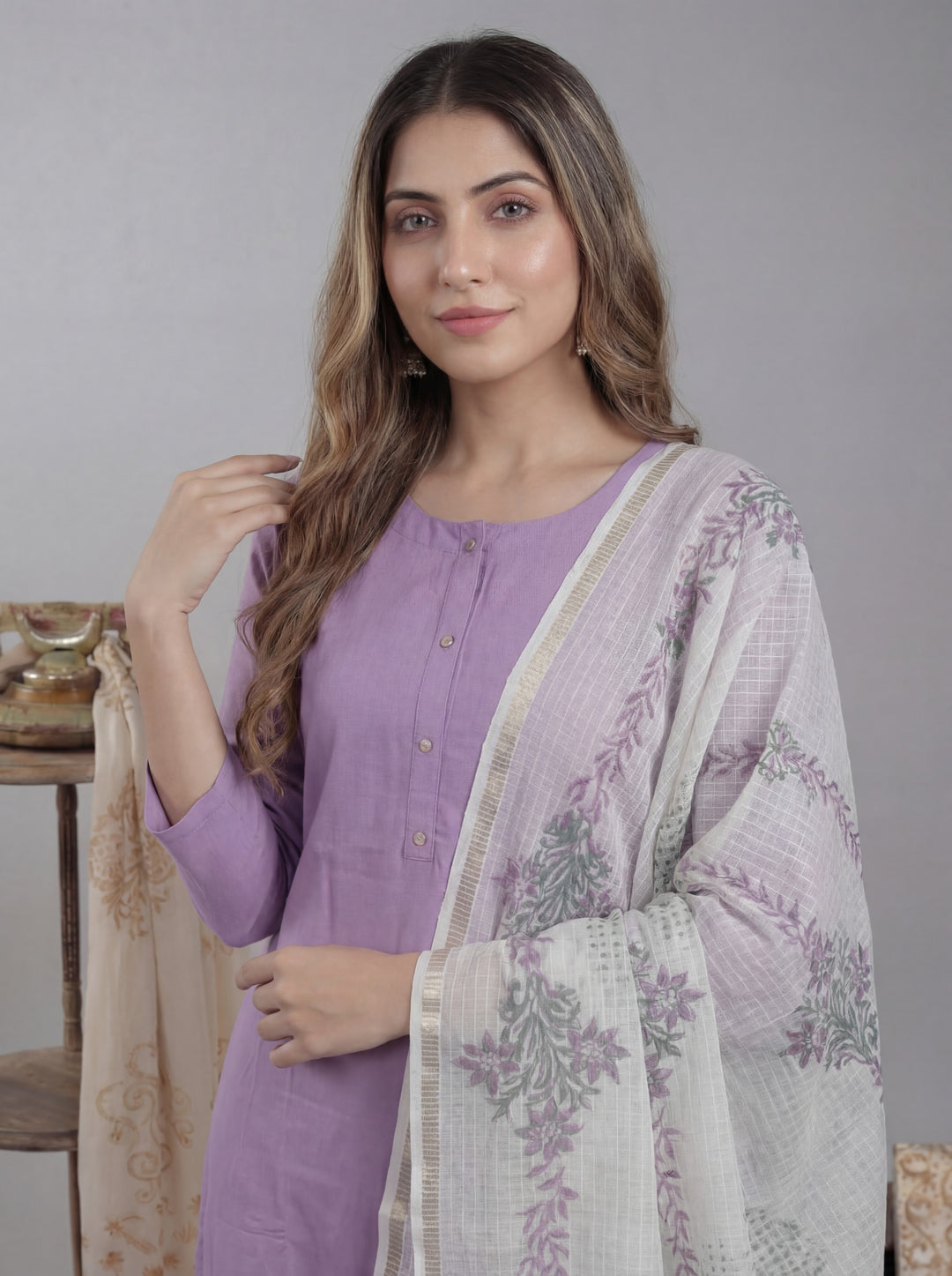 Lavender Silk Blend Straight Kurta Pant With Handblock Print Kota Doriya Dupatta Set