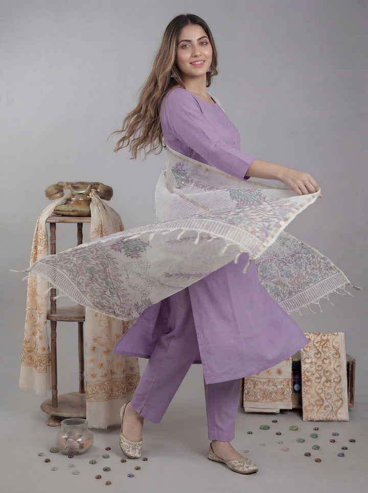 Lavender Silk Blend Straight Kurta Pant With Handblock Print Kota Doriya Dupatta Set