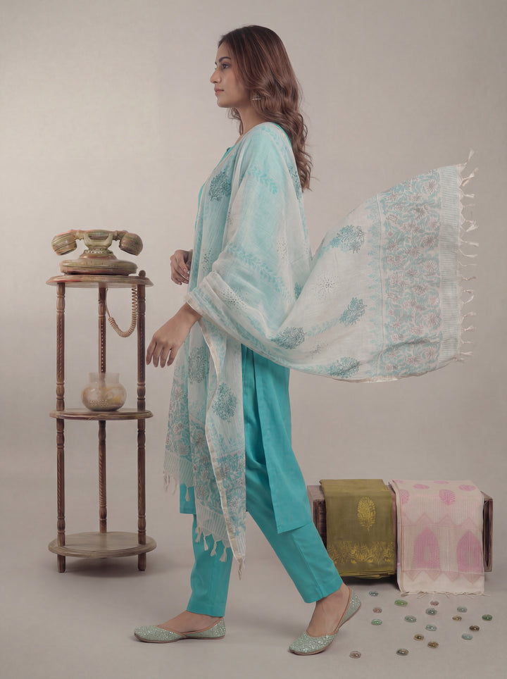 Sky Blue Silk Blend Straight Kurta Pant With Handblock Print Kota Doriya Dupatta Set