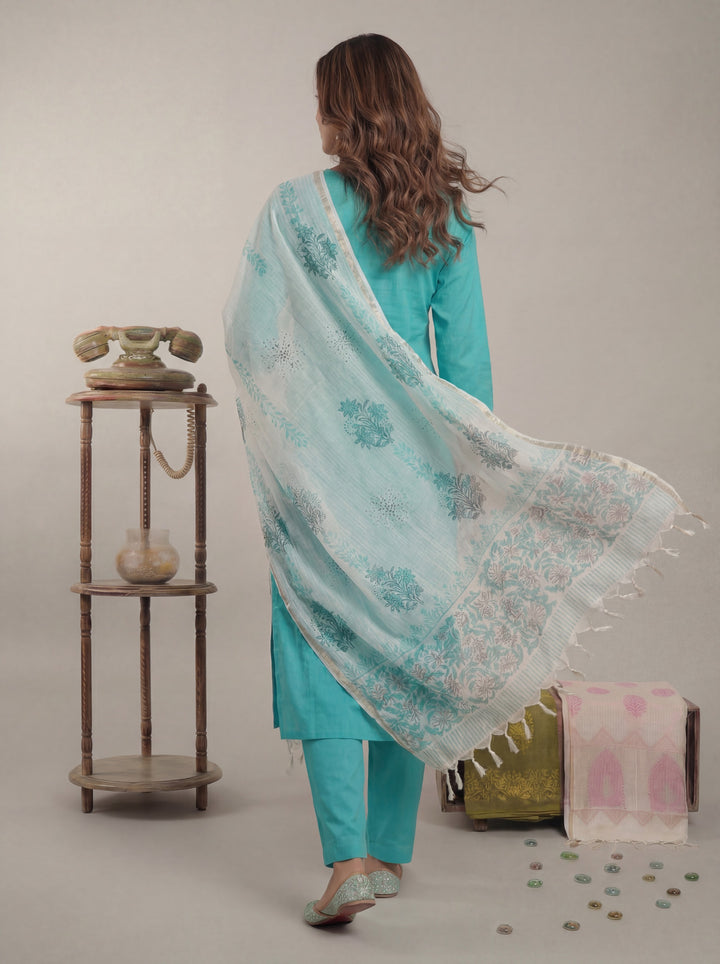 Sky Blue Silk Blend Straight Kurta Pant With Handblock Print Kota Doriya Dupatta Set