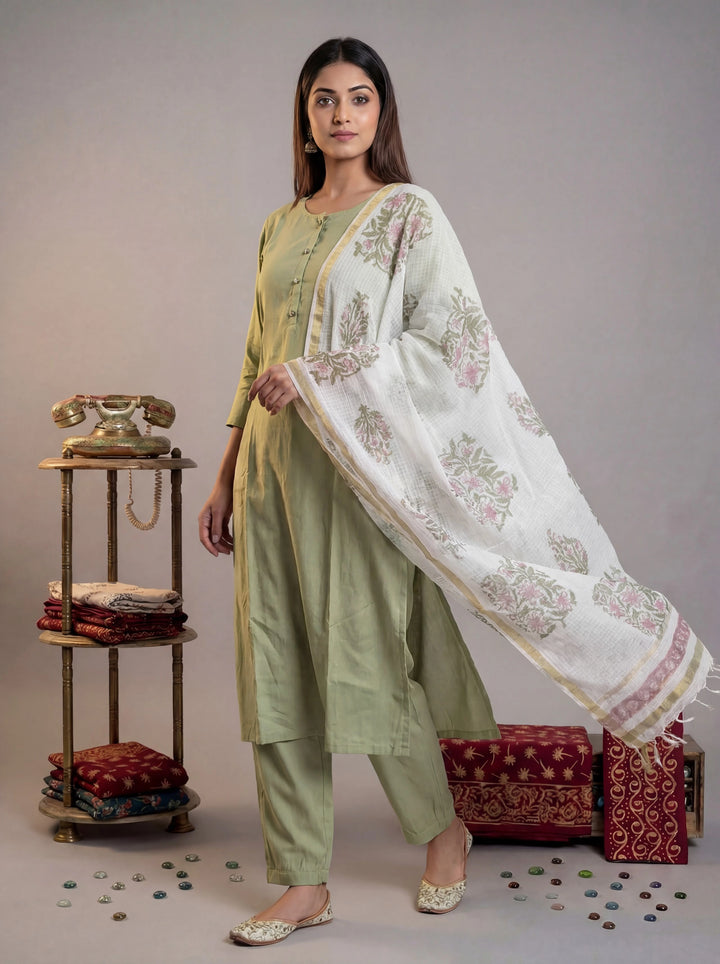 Green Silk Blend Straight Kurta Pant With Handblock Print Kota Doriya Dupatta Set