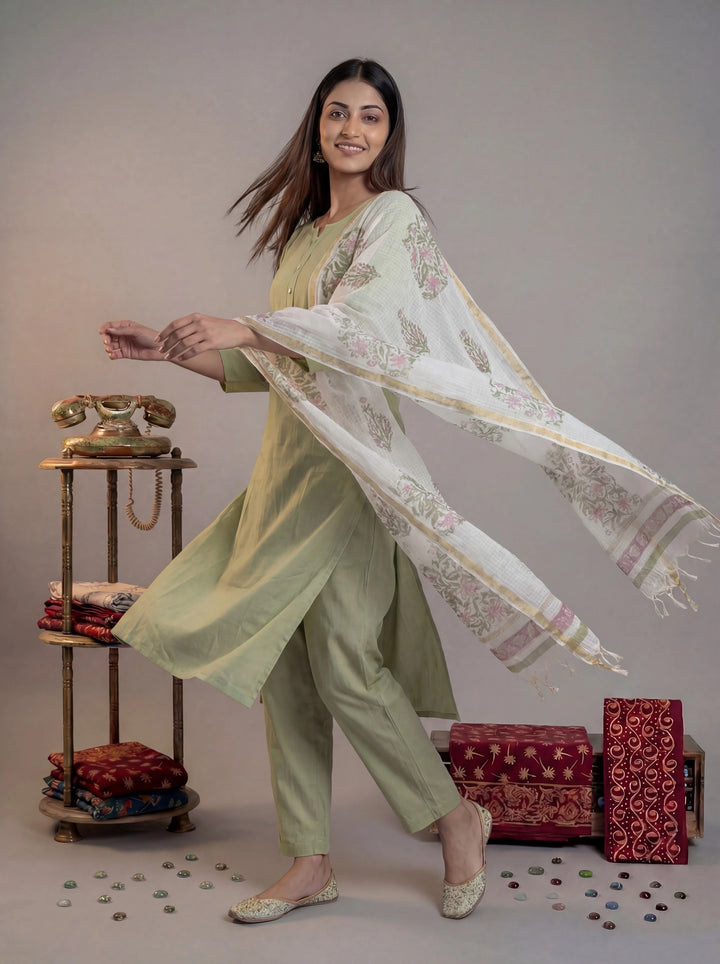 Green Silk Blend Straight Kurta Pant With Handblock Print Kota Doriya Dupatta Set