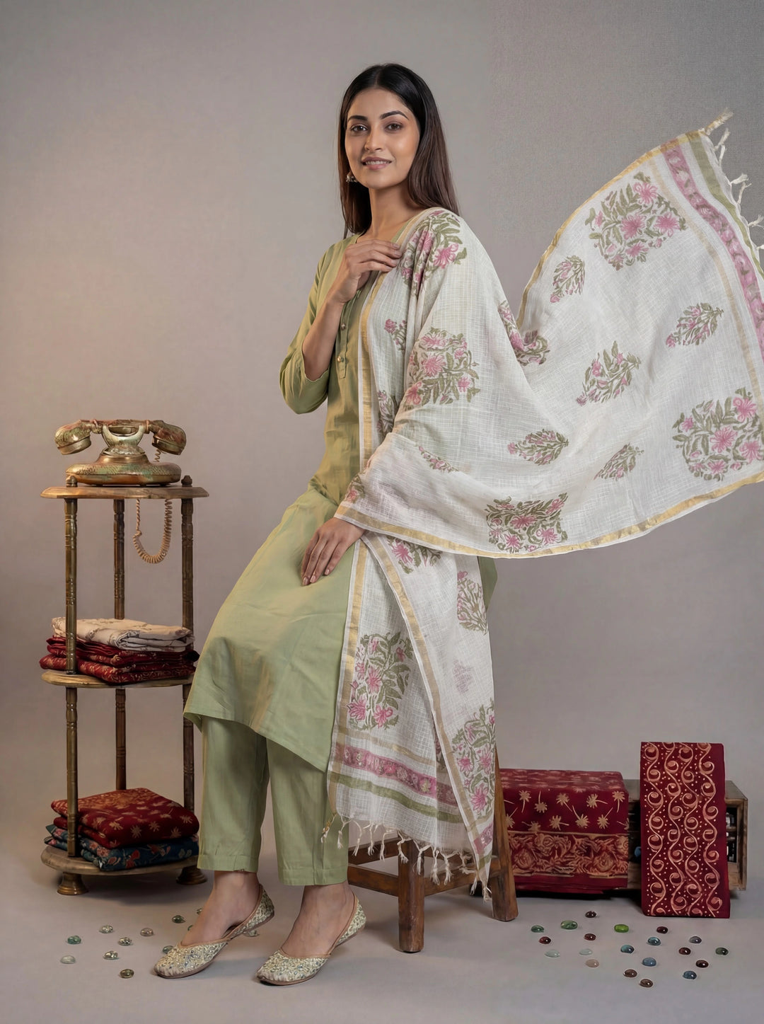 Green Silk Blend Straight Kurta Pant With Handblock Print Kota Doriya Dupatta Set