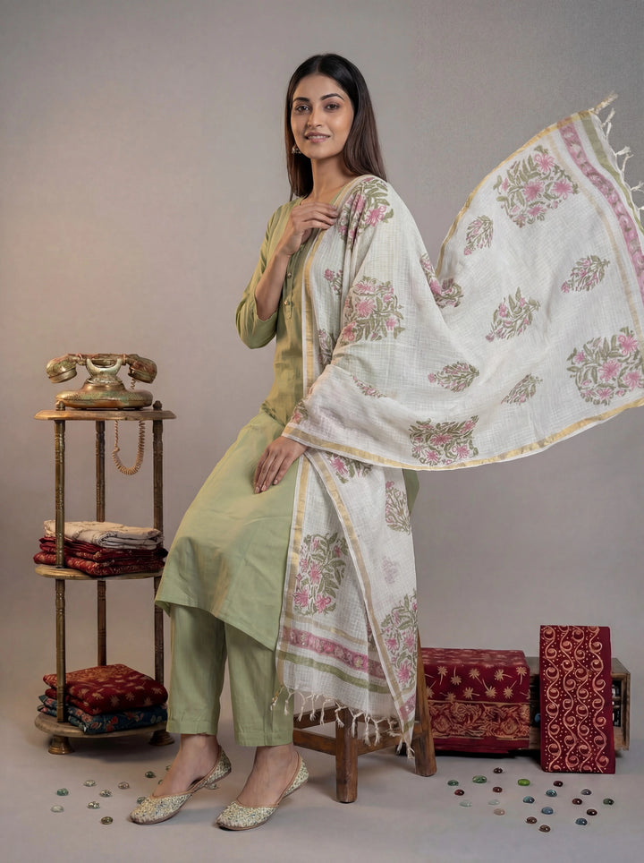 Green Silk Blend Straight Kurta Pant With Handblock Print Kota Doriya Dupatta Set