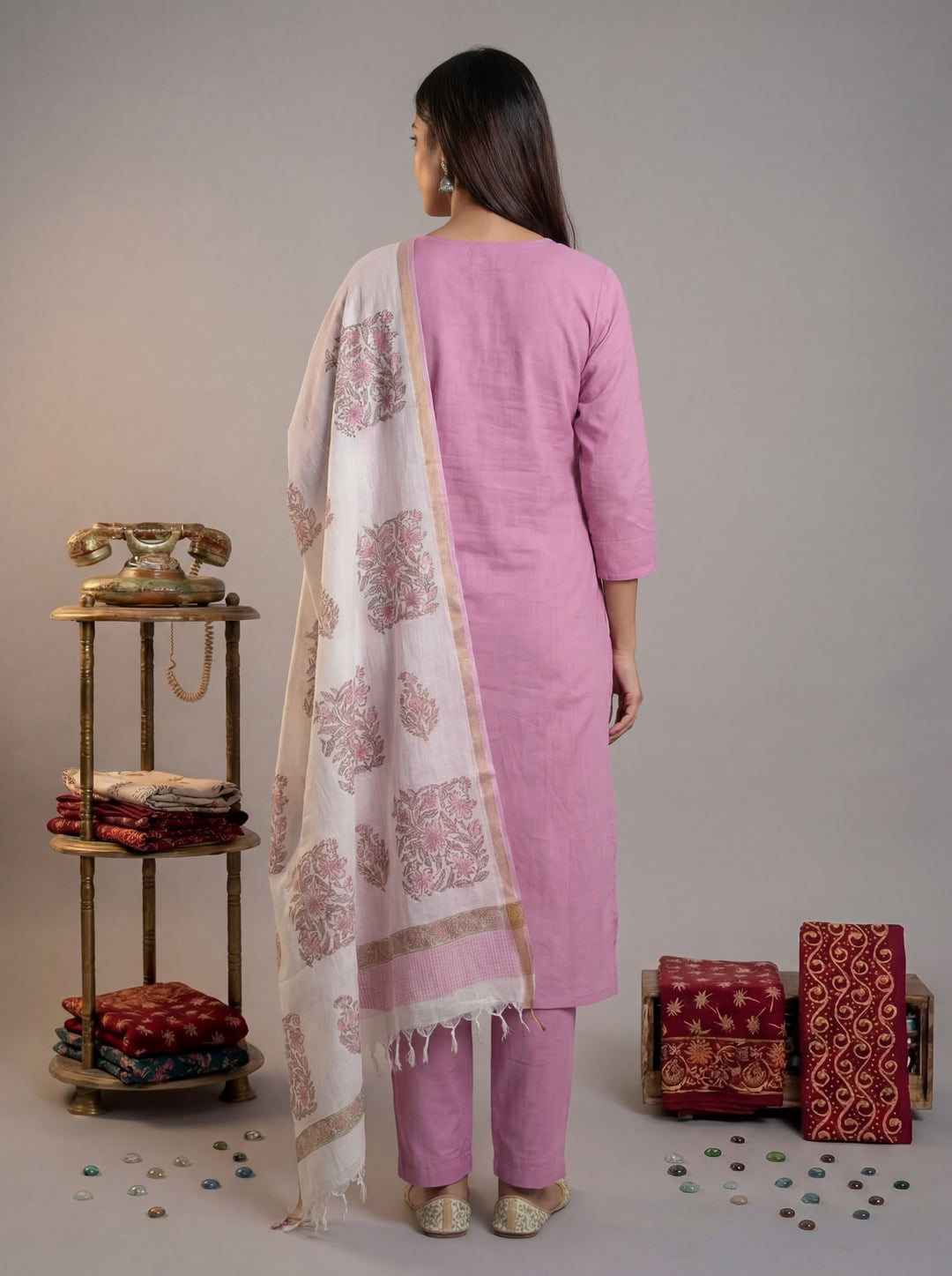 Mauve Silk Blend Straight Kurta Pant With Handblock Print Kota Doriya Dupatta Set