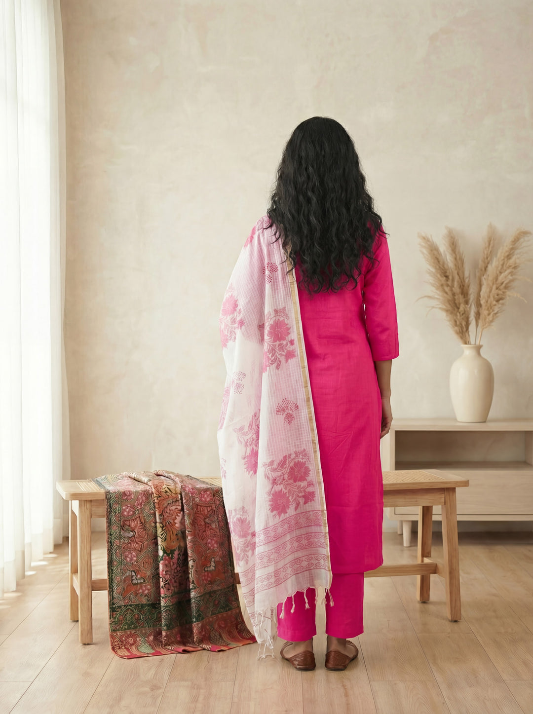 Pink Silk Blend Straight Kurta Pant With Handblock Print Kota Doriya Dupatta Set