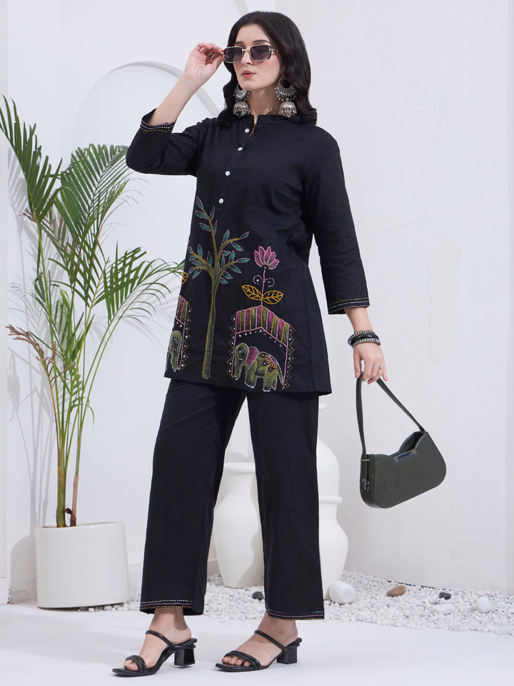 Black Mal Cotton Kantha Work Co Ord Set