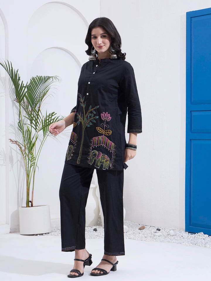 Black Mal Cotton Kantha Work Co Ord Set