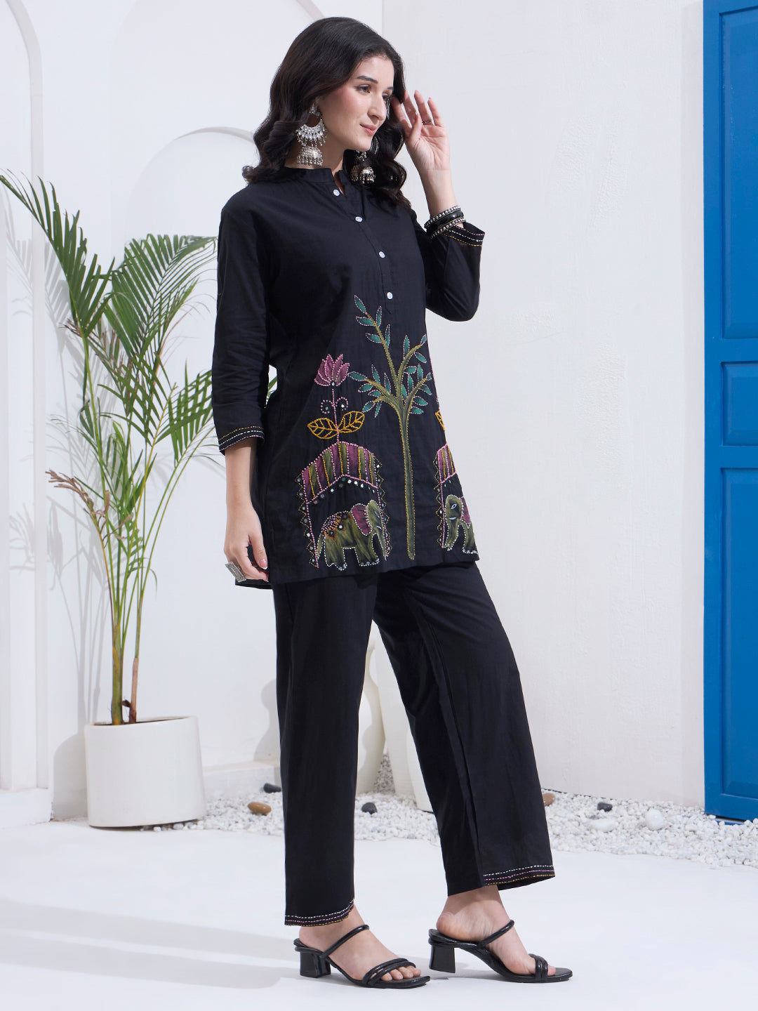 Black Mal Cotton Kantha Work Co Ord Set