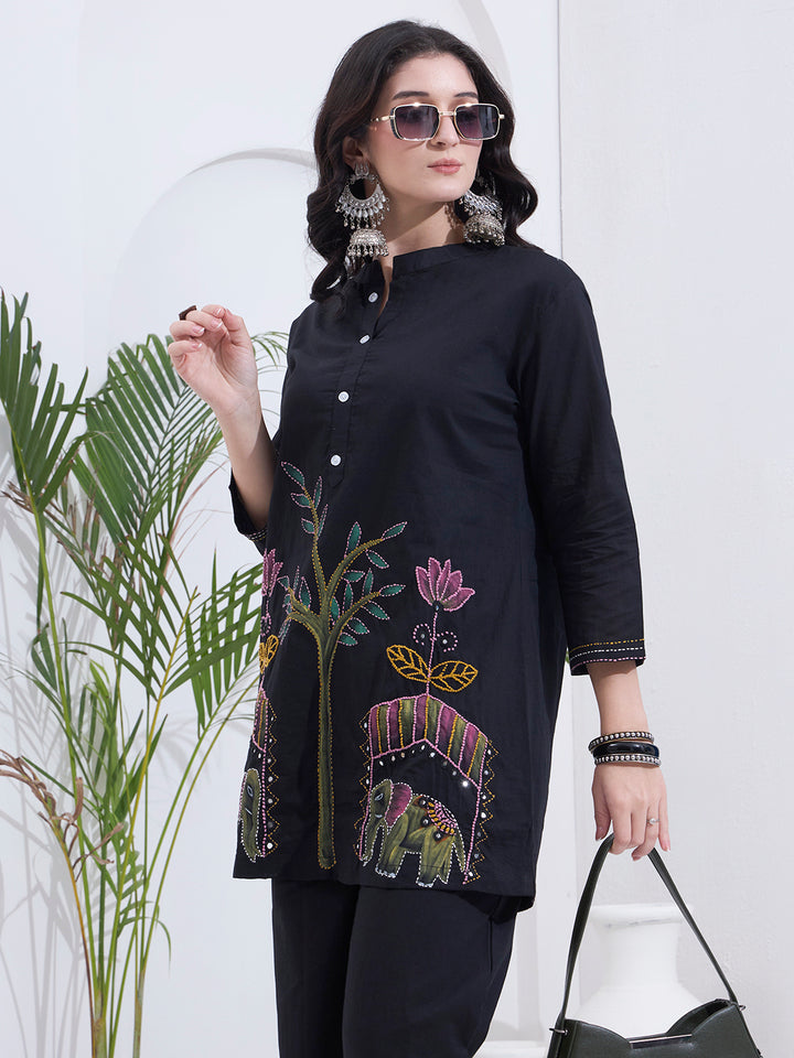 Black Mal Cotton Kantha Work Co Ord Set