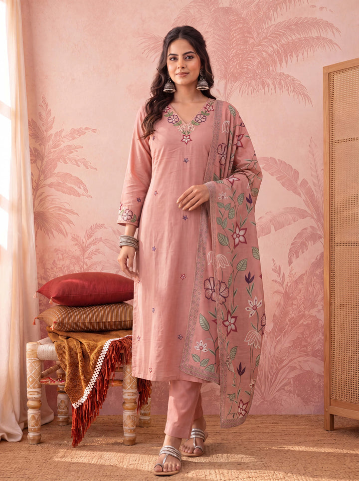 Peach Silky Stripe Kurta Dupatta Pant Set