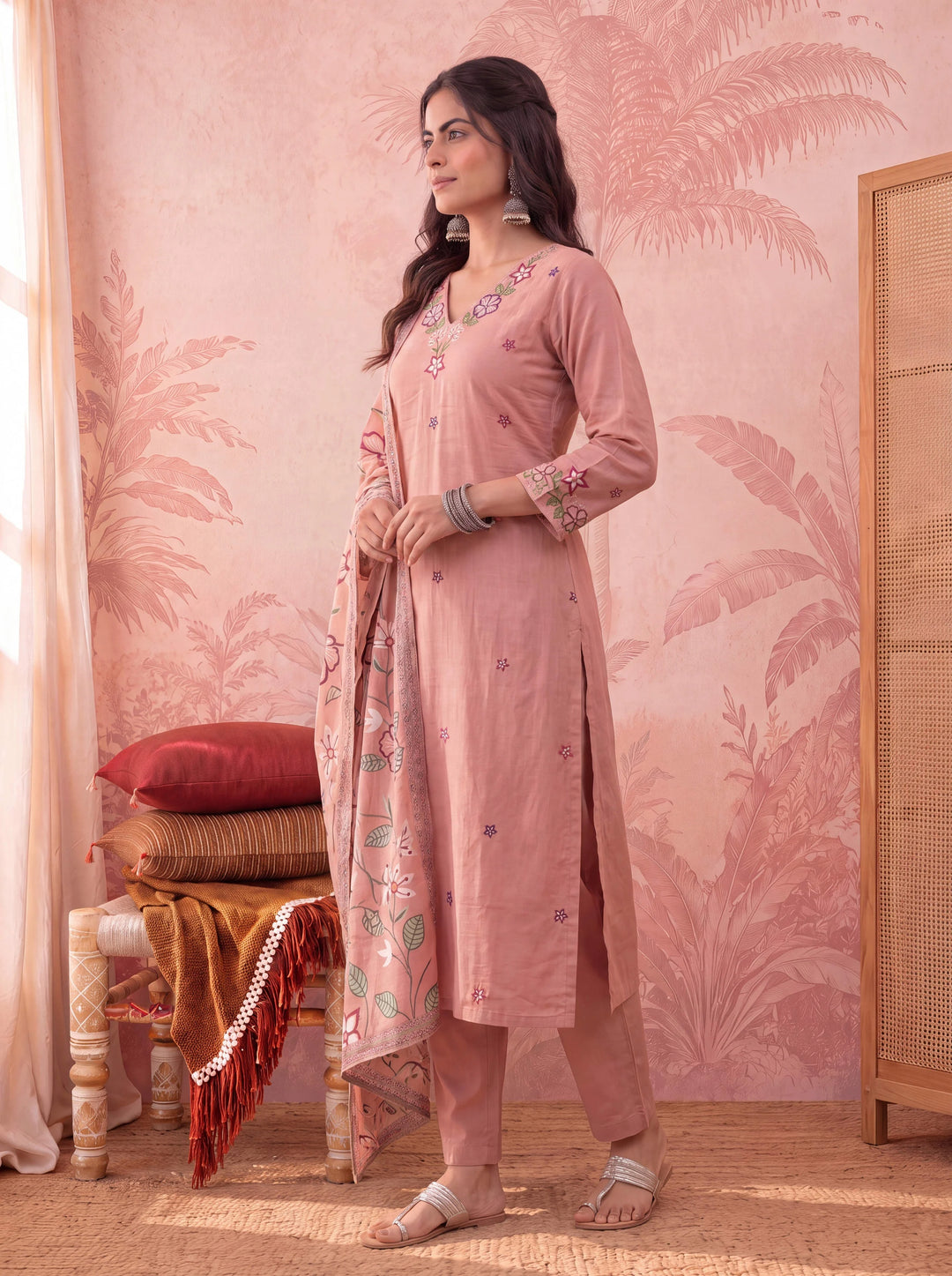 Peach Silky Stripe Kurta Dupatta Pant Set