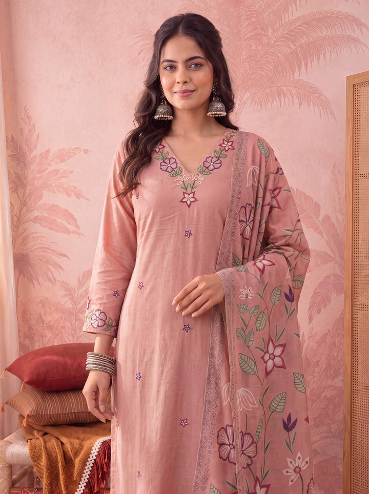Peach Silky Stripe Kurta Dupatta Pant Set