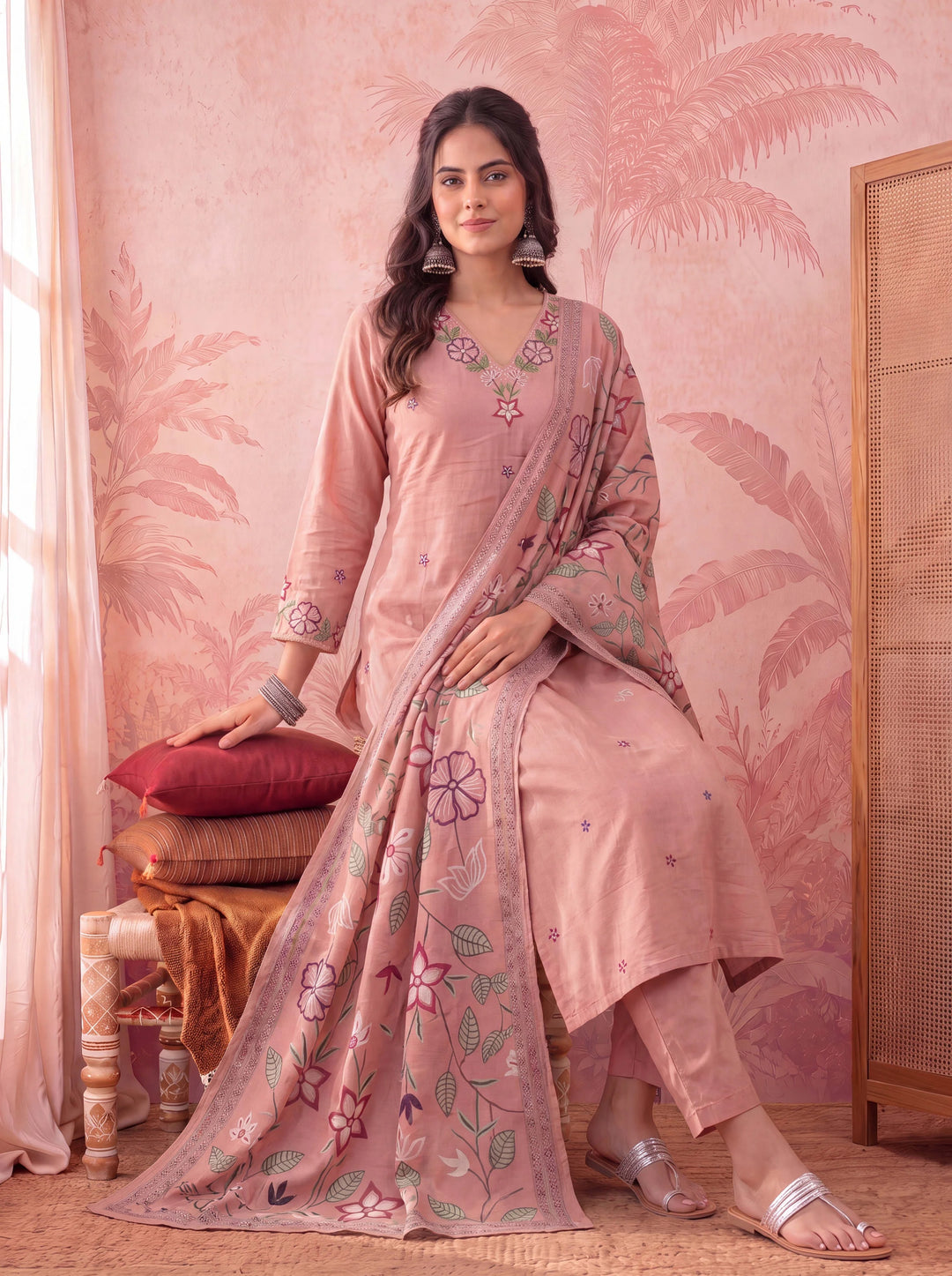 Peach Silky Stripe Kurta Dupatta Pant Set