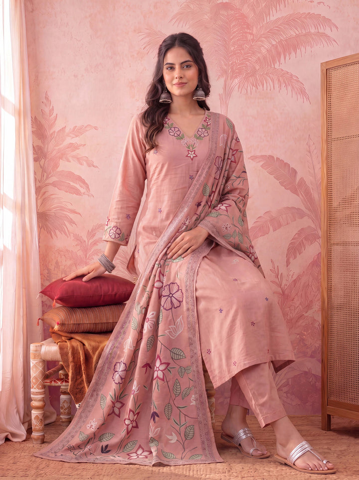 Peach Silky Stripe Kurta Dupatta Pant Set