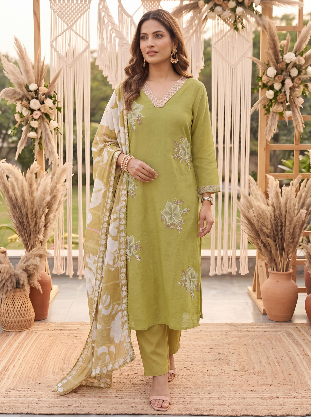 Lime Green Petal Soft Kurta Dupatta Pant Set