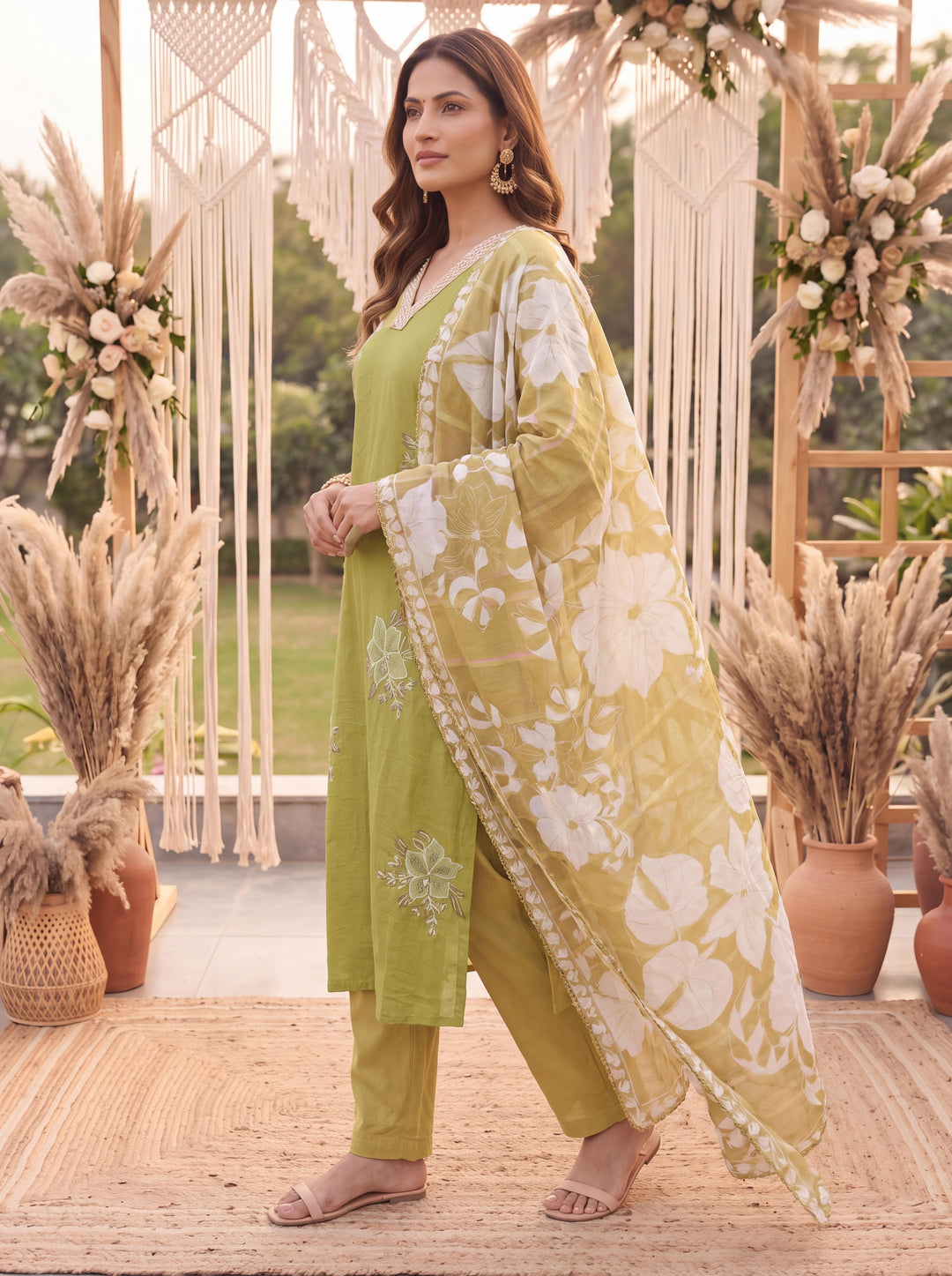 Lime Green Petal Soft Kurta Dupatta Pant Set