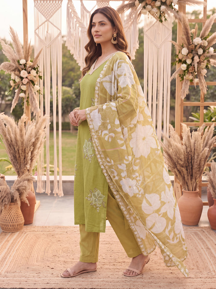 Lime Green Petal Soft Kurta Dupatta Pant Set