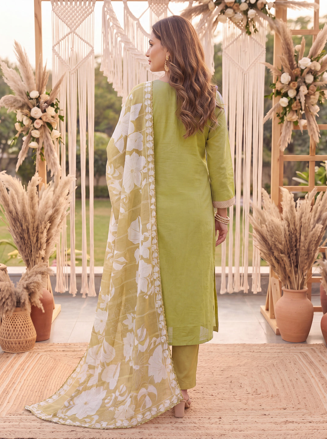 Lime Green Petal Soft Kurta Dupatta Pant Set