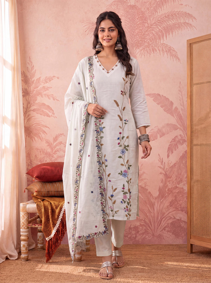 Light Green Linen Embroidered Kurta Dupatta Pant Set