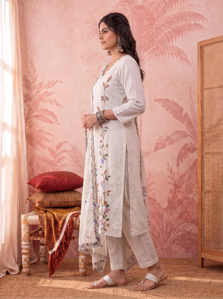 Light Green Linen Embroidered Kurta Dupatta Pant Set