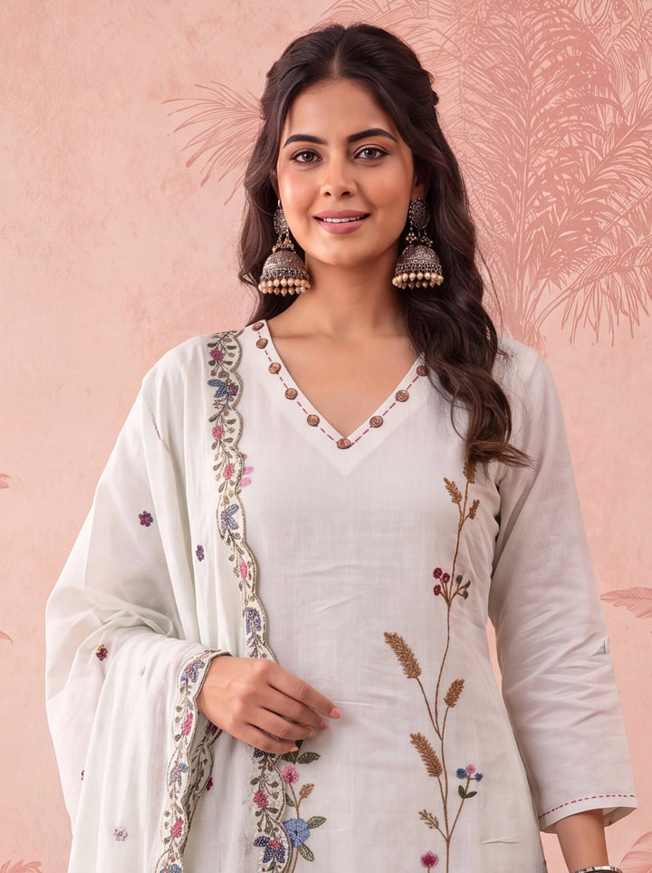 Light Green Linen Embroidered Kurta Dupatta Pant Set