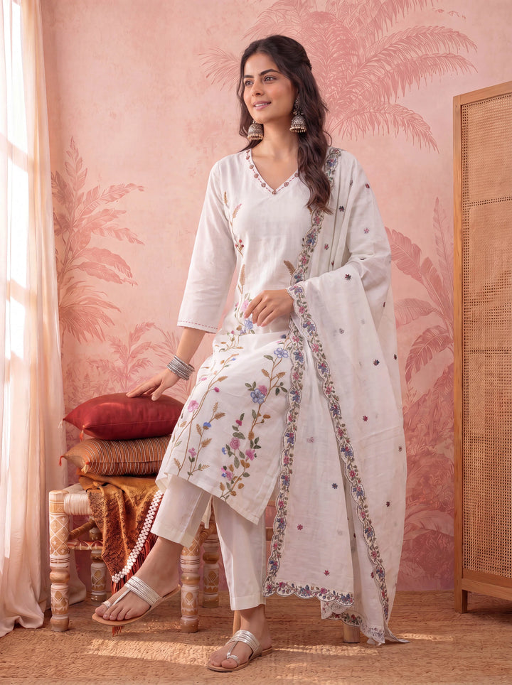 Light Green Linen Embroidered Kurta Dupatta Pant Set