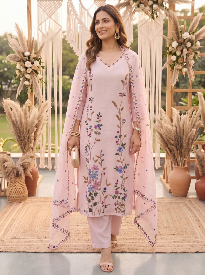 Peach Mal Linen Kurta Dupatta Pant Set
