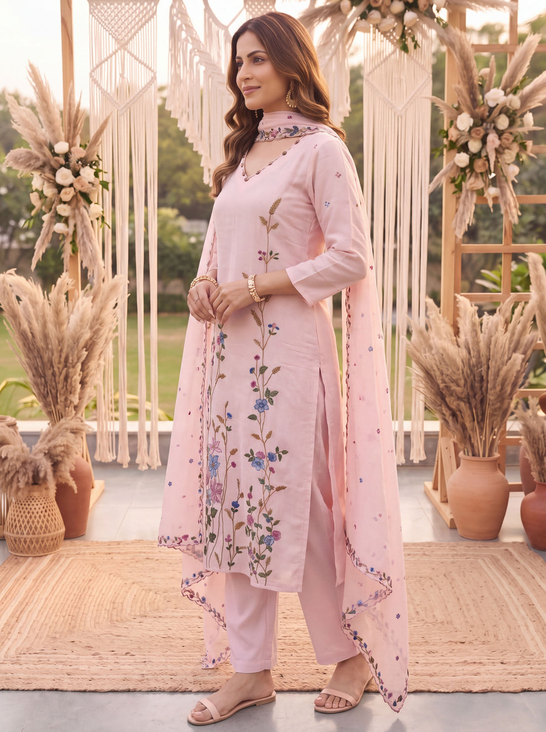 Peach Mal Linen Kurta Dupatta Pant Set